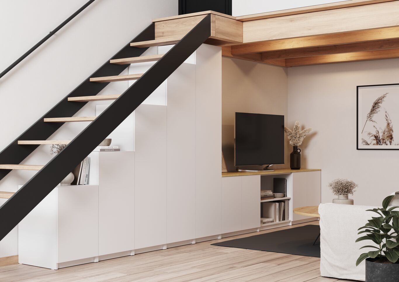 dressing sous escalier et meuble tv